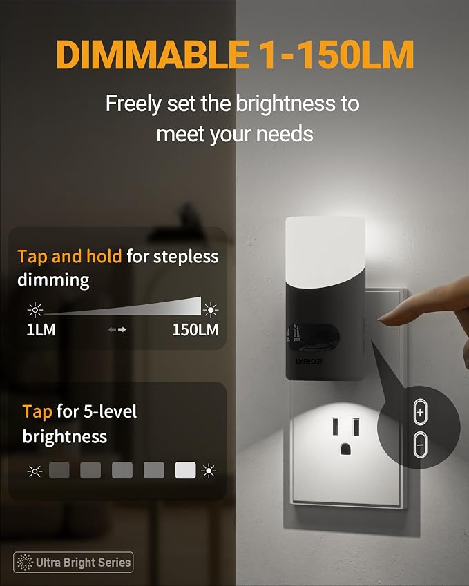 Lyridz Motion Sensor Night Light, LED Night Lights Plug into Wall, 1-150LM Dimmable Night Light Indoor for Hallway, Stairs, Bedroom, Garage, Bathroom, Toilet (Cool White, 2 Pack)
