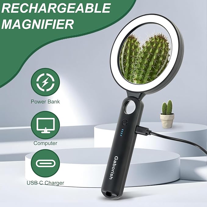 Magnifier with 36 LED Light and Case, 10X 30X Handheld Real Glass Magnifier with 5 Light Modes Dimmable Rechargeable Lighted Magnifying Glass for Seniors Reading, Inspection (White & Black)