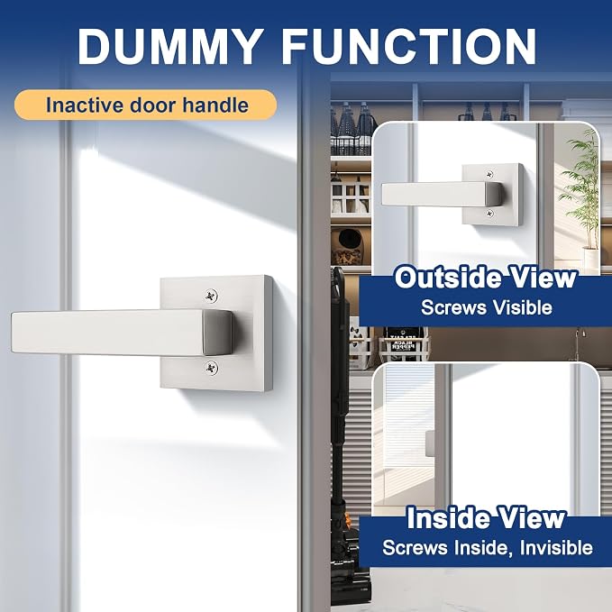 KNOBWELL 4 Pack Brushed Nickel Dummy Door Handles Modern Square Fake Door Lever for Closet/Hallway/Pantry Interior Door Knob Single Side Door Handle