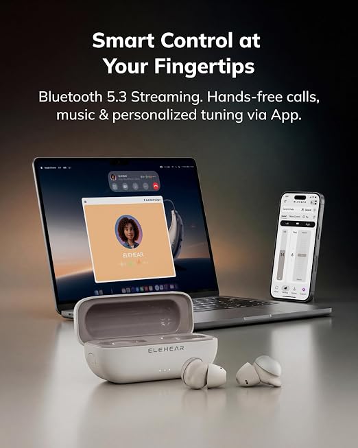 ELEHEAR Delight Bluetooth OTC Hearing Aids for Seniors, Sand White | Bluetooth 5.3, AI Noise Cancellation & App Control, Superior Sound Quality, Comfortable & Discreet Design for Adults