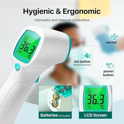 Non Contact Forehead Thermometer for Adults and Kids, Digital No-Touch Infrared Thermometer Temperature Gun for Baby ，3 Color Fever Alarm Accurate Reading 1s Fast Accurate Reading
