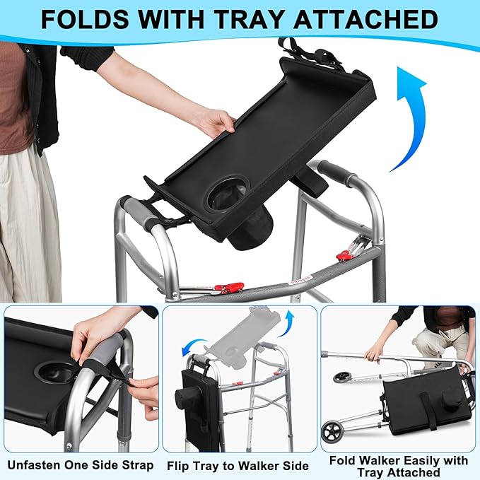 Walker Tray for Folding Walkers with Cup Holder & Side Bag, Adjutable Walker Tray Table Fits Most Standard Walkers, Non-Slip & Easy-Clean Leather Surface, Removable & Easy Assembly