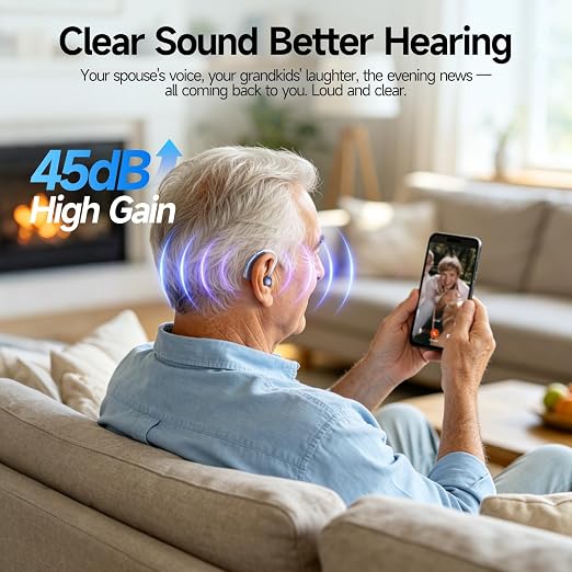 Rechargeable Hearing Amplifier for Seniors, Noise Cancelling Behind the Ear Sound Amplifier with Crystal Clear Sound, 4 Adaptive Modes, Adjustable Volume, Long Battery Life, Universal Fit for Both Ears