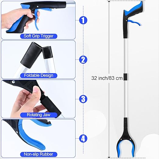 12 Pack 32 Inch Commercial Trash Grabber for Elderly Assist, Heavy Duty Lightweight Reacher with Ergonomic Handle & Non-Slip Grip, Multi-Use Outdoor Home Garden Cleanup Mobility Aid Tool (12, Blue)