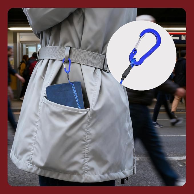 Passport Holder with Tether and Carabiner Clip to Prevent Loss and Theft, Rfid Passport Holder for Travel, Passport Cover, Wallet & Case for Men and Women (Blue - Tether and Carabiner)