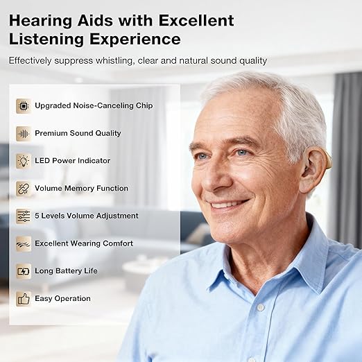 NVBOTY OTC Hearing Aids for Seniors & Adults - Rechargeable, 25+ Hour Battery Life, Advanced Noise Cancellation, 5-Level Volume & Memory, Clear Sound, Comfort-Fit, LED Display (White)