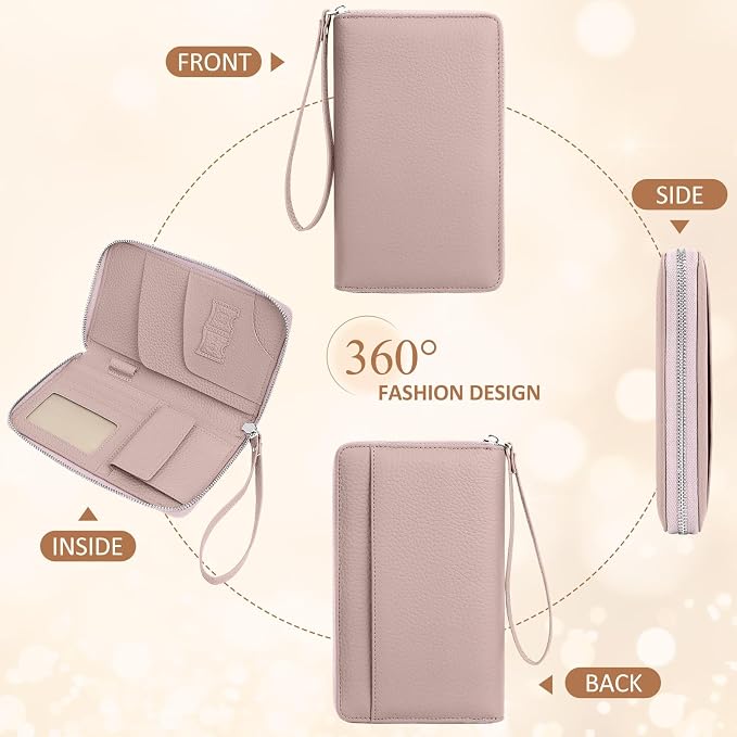 RFID Passport Holder for Travel Family with Coin Pocket, Pink | Leather Passport Cover for 2, Travel Document Organizer with Wrist Strap & 24 Card Slots, for Women Men