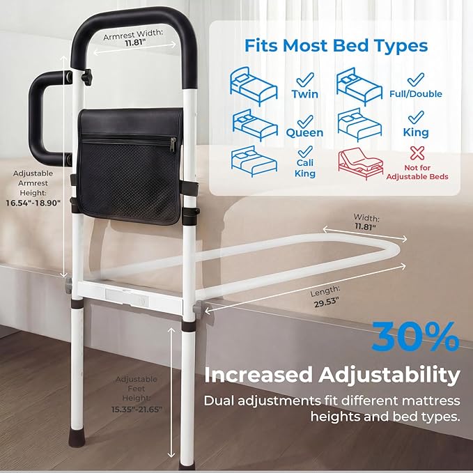 Bed Rails for Elderly Adults Safety, for 400Lbs, Dark Black | Bed Rail for Seniors with Motion Sensor Light, Height Adjustable Bed Assist Bar, Non-Slip Handle, Storage Bag