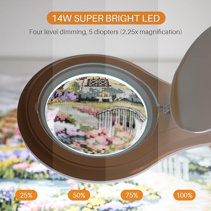 LED Magnifying Lamp with Clamp, 5 Inch Magnifier Glass Lens, Metal Swing Arm Dimming 1200 Lumens Lighted Magnifying Desk Lamp for Crafts, Bright 60PCS LEDs - 2.25X Magnification(White)