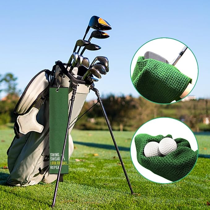 Swing Swear Look for Embroidered Green Golf Towel, Funny Towels for Golf Bags with Clip, Retirement Birthday Gifts for Grandpa Grandma Dad Golfer GolfLover, Golf Accessories for Men Women