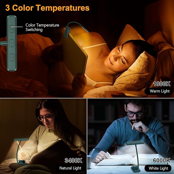 Gritin 19 LED Rechargeable Book Light for Reading in Bed with Memory Function- Eye Caring 3 Color Temperatures,Stepless Dimming Brightness,80 Hrs Runtime Clip on Light for Book Lovers-Blackish Green
