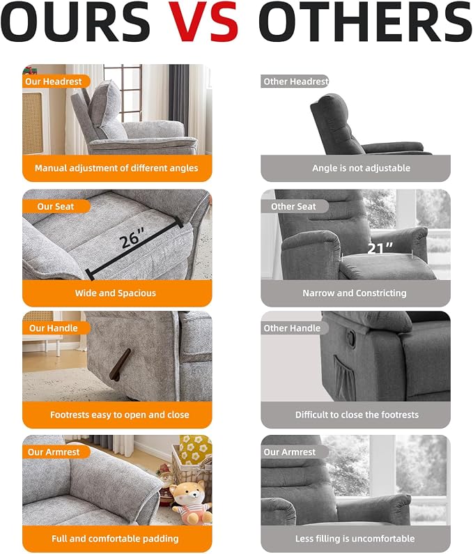 Oversized Glider Rocker Recliner, 24" Extra Wide 360° Swivel Nursery Recliner with Adjustable Headrest, Chenille Rocking Nursery Chair with Overstuffed Armrest, Lumbar Support, Light Grey