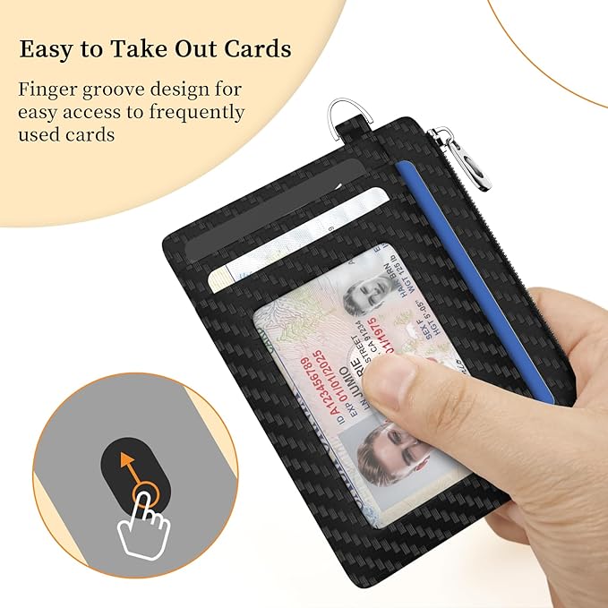 Hancynir Minimalist Black Slim Wallet Men Credit Card Holder Small RFID | Zipper Pocket Wallet, Thin Travel Coin Purse, Ladies Women Mens Gifts, Cute Card Case, 6 Card Slots, ID Window, PU Leather