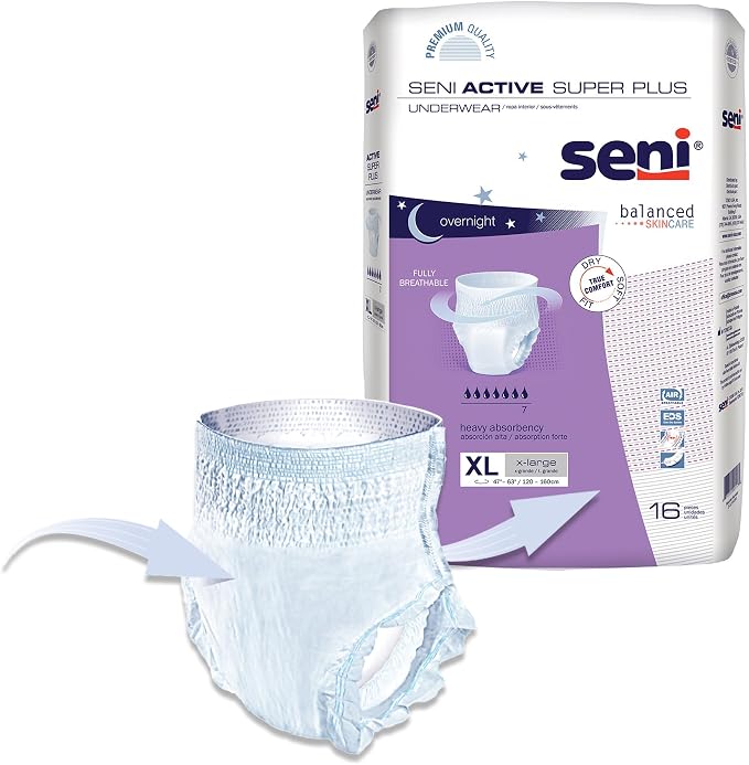 Seni Active Super Plus Unisex Adult Incontinence Underwear, Heavy Absorbency, Pull On Disposable Overnight Underwear for Men & Women (X-Large, 64, Count)