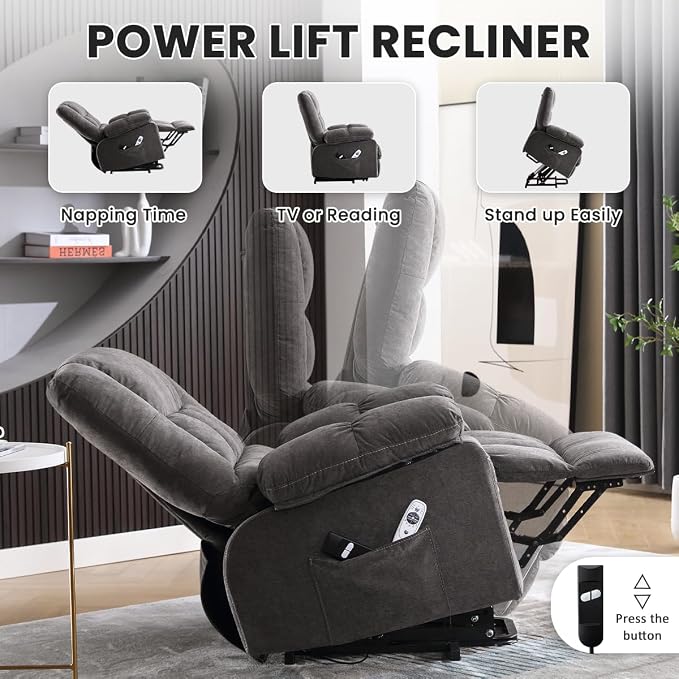 MAHOMICO Power Lift Recliner Chair for Elderly with Vibration Massage and Heating Functions, Electric Recliner Single Sofa with Side Pockets and USB Charge Port, Suitable for Living Room and Bedroom