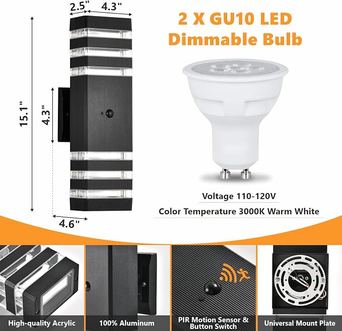 DASTOR Motion Sensor Outdoor Wall Lights 2 Pack, Dusk to Dawn Outdoor Lighting 3-Layer Exterior Porch Light Fixtures, Up and Down Outside Lights for House Garage