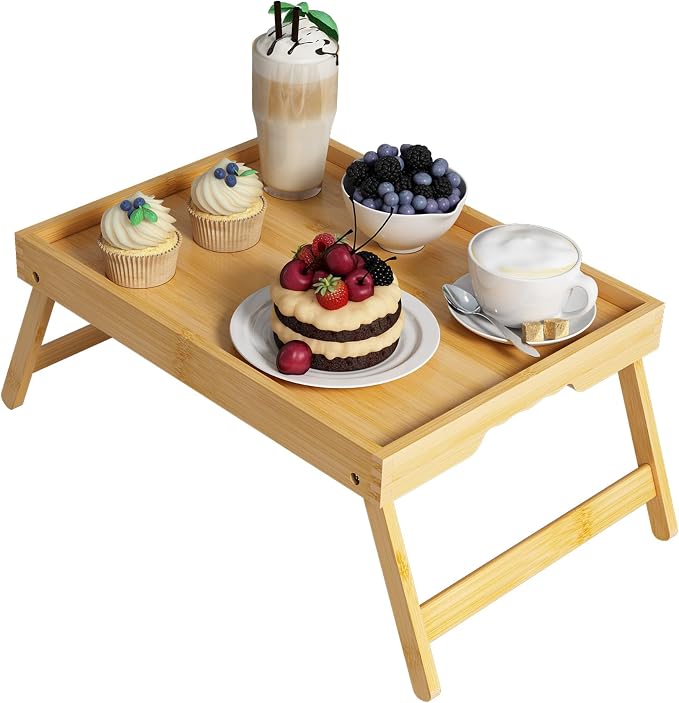 Youpehom Bamboo Bed Tray Table with Folding Legs, Large, Bamboo | Large bamboo bed tray with folding legs, handles and raised edges for meals, laptops, reading and serving in bed.
