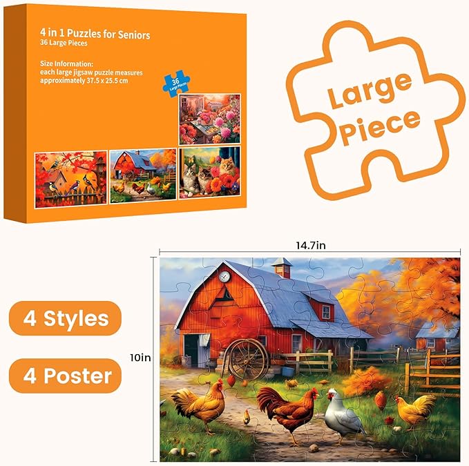 36 Large Piece Puzzles for Seniors, Dementia Puzzles for Elderly Jigsaw Puzzles for Alzheimers Dementia Products Activities Memory Games for Seniors Gifts for Men Women 14.8 * 10IN, 4 Pack