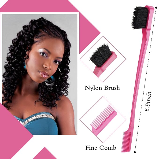 Geiserailie 3 Pcs Slick Back Hair Brush Set Bristle Brush Edge Control Teasing Comb for Women Black Hair(Rose Red)