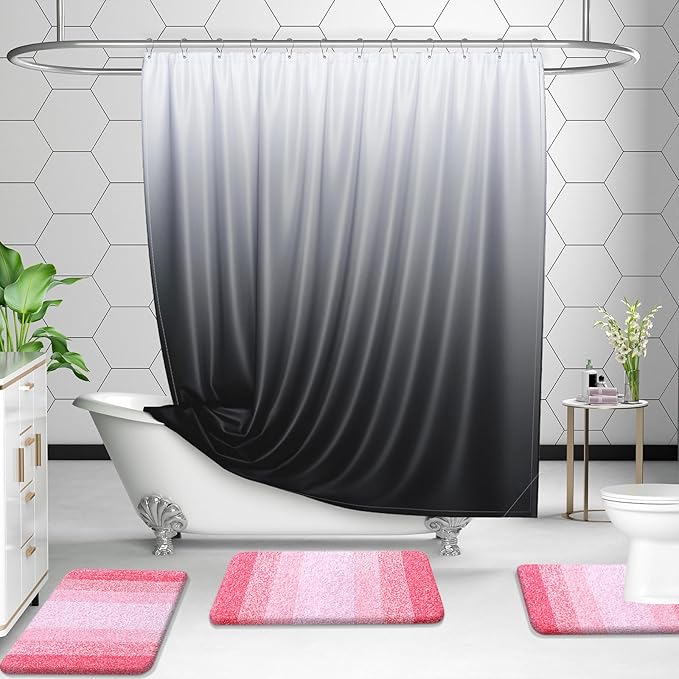 OLANLY Bathroom Rug Set 2 Piece, Soft Absorbent Microfiber Bath Rug Set, Non-Slip, Machine Wash Dry, Plush Shaggy Bath Mats for Bathroom (47"x20"+24"x16", Pink)