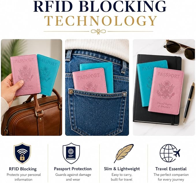 Ciana Passport Holder for Travel – PU Leather Passport Cover and Card Holder for Men & Women – Slim Passport Holder with Card Protector Slot, Travel Must Haves (Turquoise and Rose Gold)