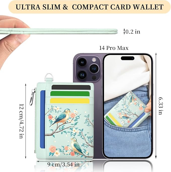 Hancynir Bird Floral Flower Slim Wallet Women Credit Card Holder RFID Small | Zipper Pocket Wallet, Thin Travel Coin Purse, Ladies Women Gifts, Minimalist Card Case, 6 Card Slots, ID Window, PU Leather