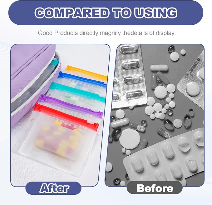 Weekly Pill Organizer 2 Times a Day – Timueetech A6 Waterproof 14 Pouch Bags for Travel, BPA-Free Medication Storage with Labels & Self-Sealing for Vitamins & Supplements, Purple