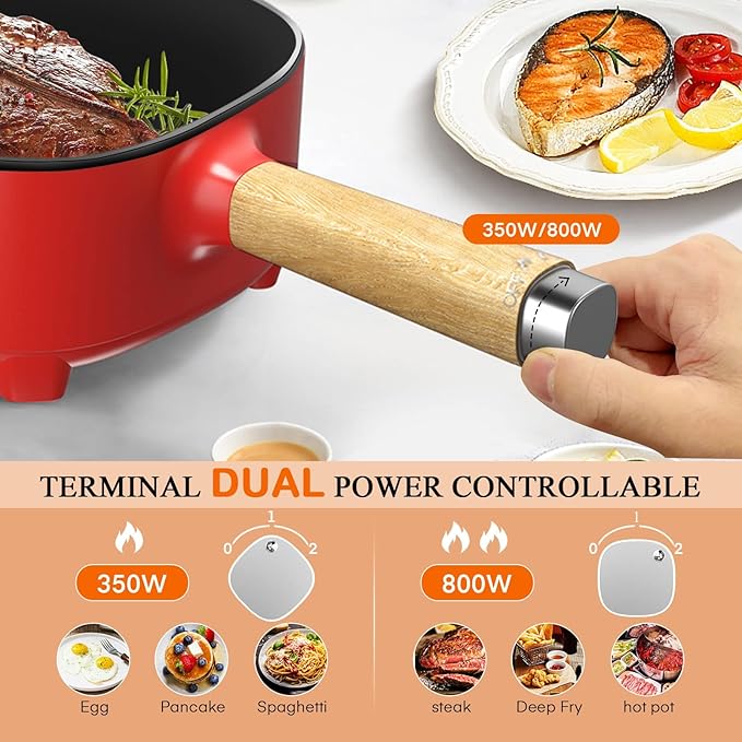 Audecook Hot Pot Electric 2L, Cermic Glaze Non-Stick Frying Pan 8 Inch, Portable Travel Cooker for Ramen/Steak/Fried Rice/Oatmeal/Soup, with Dual Power Control (Silicone Spatula Included)