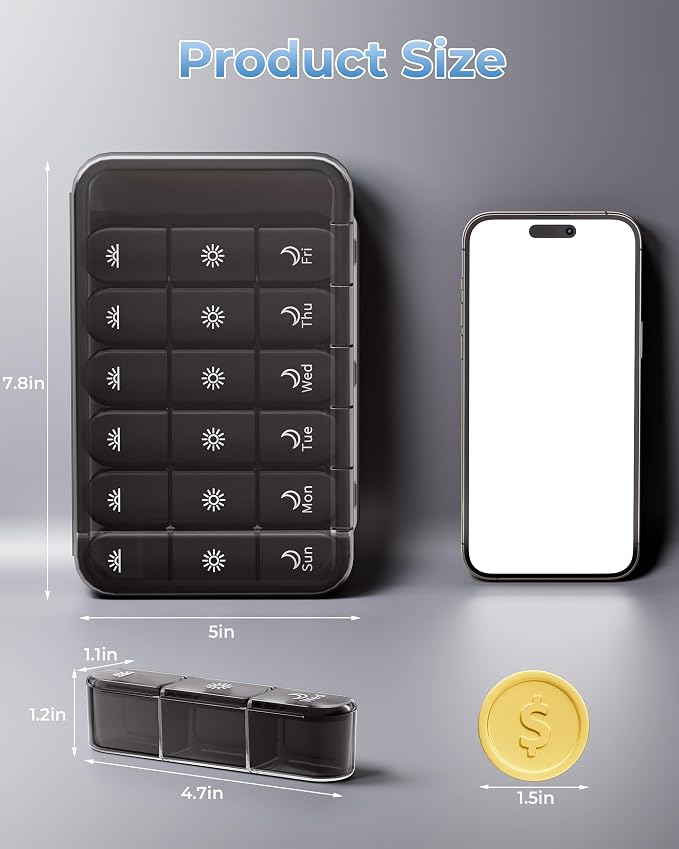 Windtrace Pill Organizer 3X a Day - Midnight Black Portable Pill Case | Easy Carry, 3x Daily, Fade-Proof, Bold Labels, Arthritis-Friendly, One-Handed, Spill-Proof, Double-Layer, ABS Shell