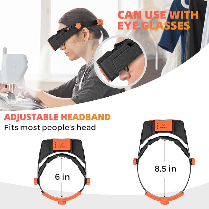 COYLAPY Headband Magnifier with Light, 1.5X-3.5X Magnifying Glasses | Rechargeable Led Light, 4 Lens (1.5x,2x,2.5x,3.5x), Ideal for Close work, Repair, Jewelry, Sewing, Beading, Crafts, Hobby