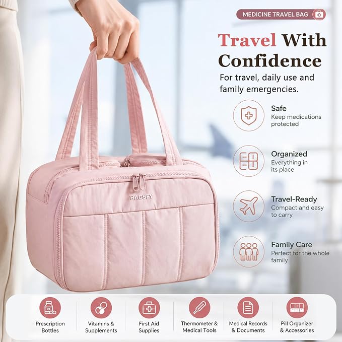 Travel Medicine Storage Bag with 2 Compartments, Wide-Mouth Medical Organizer, Puffy Lightweight First Aid Bag for Prescription Bottles, Pill Cases, Medical Supplies & Family Emergency Essentials