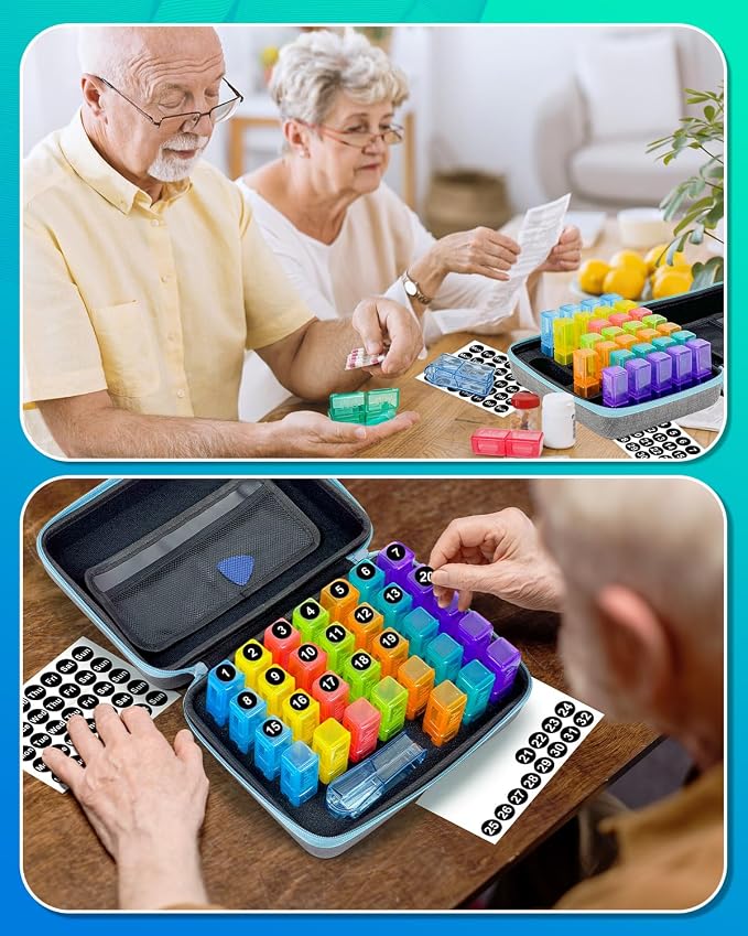 Monthly Pill Organizer 2 Times a Day with Weekly Pill Bags, Portable Hard Shell Case, Pill Cutter & Opener Pick, Monthly and Weekly Stickers for Medication Management (Blue, 2 Times a Day)