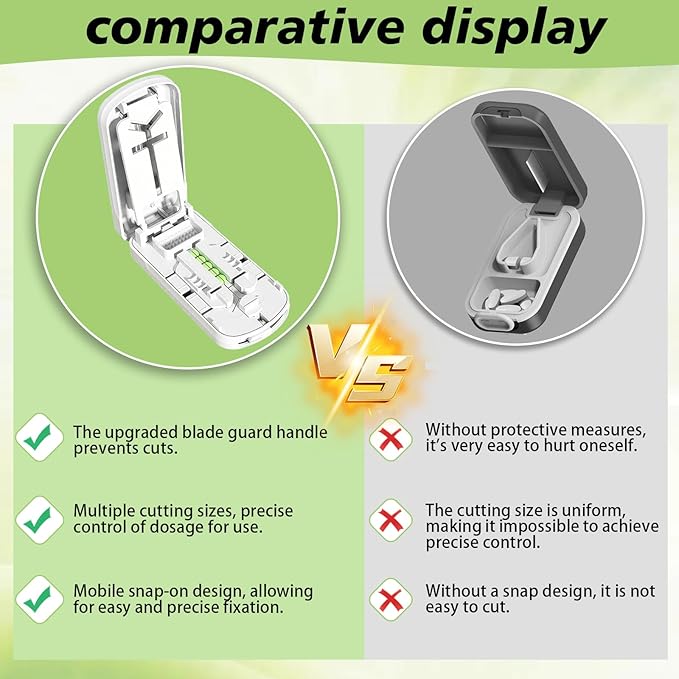 Pill Cutter - 1/2,1/3 &1/4 Pill Splitter with Storage Bag and Tweezers,for Small Tiny Large Pills | Hidden Blade & Sealed Storage | Adjustable & Cuts Multiple Tablets | Includes Cleaning Brush