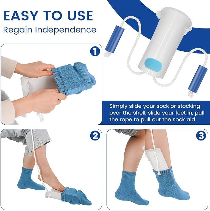 Jellas Sock Aid for Putting On Socks Kit,4.0 Inch Sock Helper for Seniors | Flexible Long Rope Design, Easy Put On Take Off Socks, Comfort Independence Helper, White