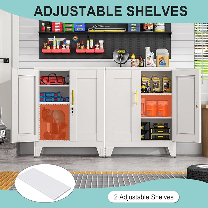 pozdeg 35.43" Metal Storage Cabinet with Lock, Metal File Cabinet with 2 Doors ＆ 2 Adjustable Shelves, Steel Locker Utility Tool Garage Cabinets for Home, Office, Warehouse (White)