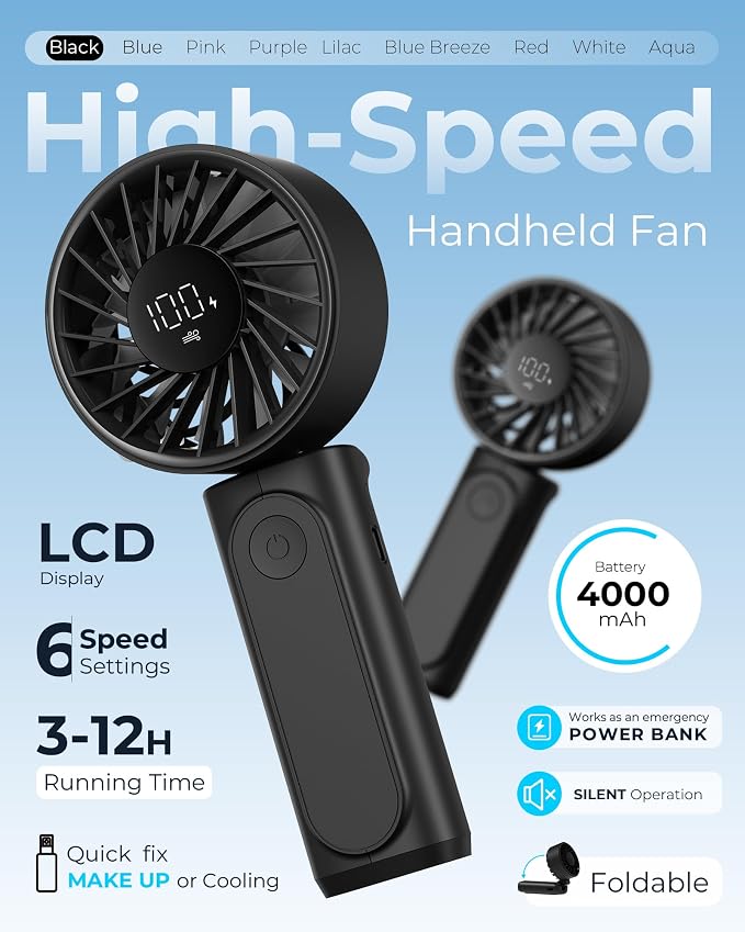 Peiyuu Handheld Fan, Portable Fan, 4000mAh Rechargeable Personal, 180° Foldable Mini Desk Fan with 6 Wind Speed, LCD Digital Display, Lanyard as Neck, Ultra Quiet, Pocket Size for Indoor Outdoor