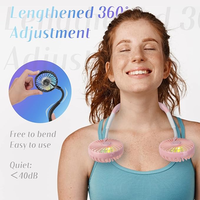 VAGAU Portable Cooling Neck Fan, Rechargeable USB Personal Neck Fan Pink | with Colorful LED lights, 360° Rotation, Wearable Neck Fan Air Conditioner for Office Travel Sport, 3 Adjustable Speeds