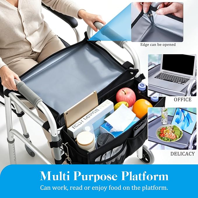Walker Basket for Seniors, Walker Storage Bag with Reinforced Tray | Large Capacity Walkers Organizer, Multi Pockets, Stable Walker Accessories for Reading Eating Daily Essentials