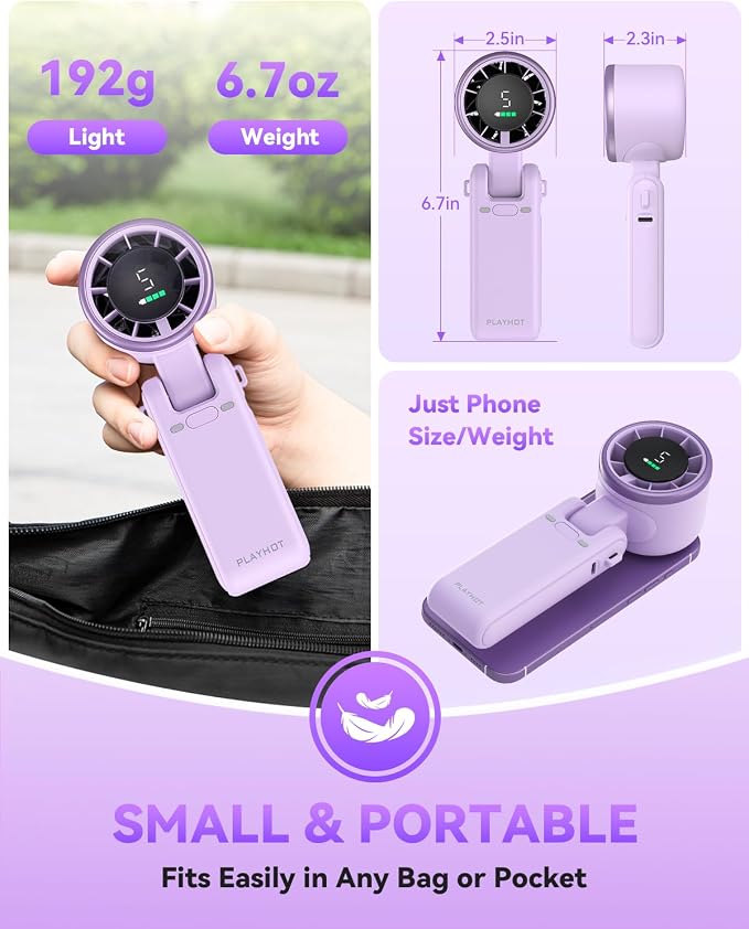 PlayHot Portable Handheld Turbo Fan, Travel Essentials, Gifts for Women/Men | 5-Speed, Up to 12H, 10m/s Airflow, USB-C Rechargeable, LED Display, 3-in-1 Foldable Personal Fan for Cruise, Beach, Vacation
