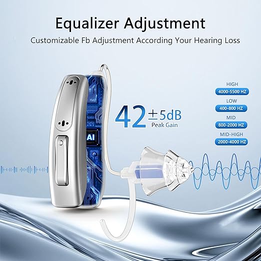Rechargeable Bluetooth Hearing Aids for Seniors - APP Controlled, Noise Cancelling, Wireless Music Streaming, Hands-Free Phone Calls, OTC Hearing Devices (Silver Bluish Clip)