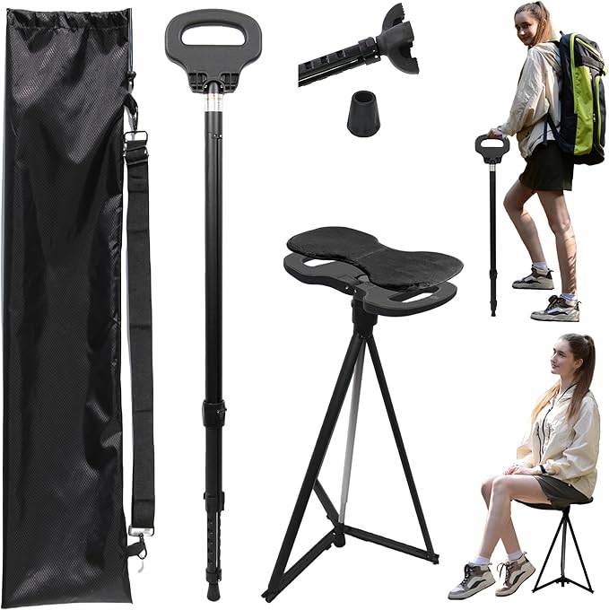 Adjustable Cane with Seat Folding Lightweight, Portable Cane Chair for Adults & Seniors, Walking Stick with Seat for Travel Hiking, with Cushion Carry Bag