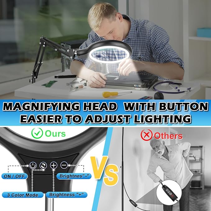 Large 30X 10X Floor Magnifying Glass with Light and Stand,2 in 1 Adjustable Height Floor Magnifying Lamp,Lighted Magnifiers for Hands Free Close Work, Sewing,Crafts, Reading,Hobbies