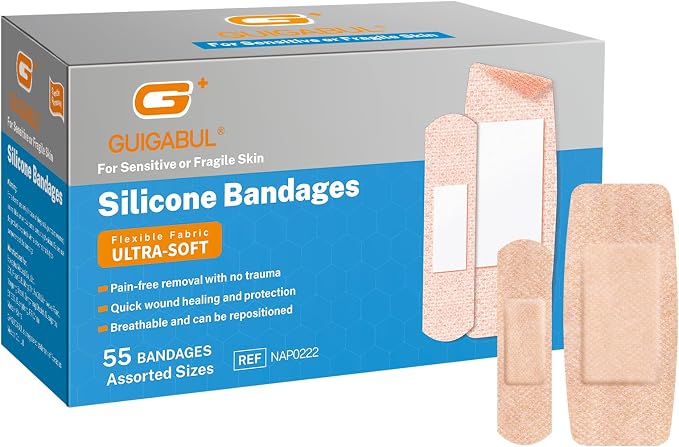 Painless Removal Silicone Bandages for Elderly Sensitive Skin - 40 Counts 0.75''x3'' Medium and 15 Counts 1.63''x4'' Extra Large Bandages by G+ GUIGABUL - Hypoallergenic - Latex Free