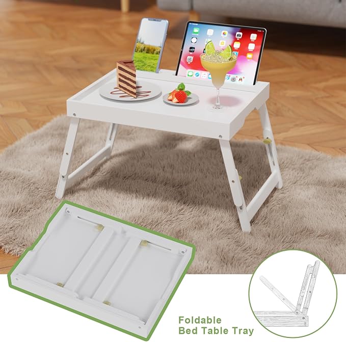 Artmeer Adjustable Bamboo Bed Tray Table with Device Slot, Large, White | Adjustable FSC-certified bamboo bed tray with device slot, folding legs and handles for meals, laptops and reading in bed.