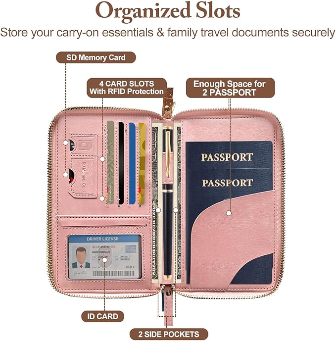 Family Passport Holder for Travel Women and Men RFID Passport Holder with Zipper Passport Case Passport cover Passport Wallet Travel Essentials and Accessories(1-2,Pink)