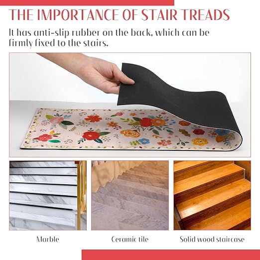 Breling 15 Pcs Wildflower Stair Treads for Wooden Steps 8x30 Inches Stair Treads Indoor Non-Slip Carpet Runner Decorative Long Rugs Safety Mats for Indoor Carpet Covers Elders and Dogs