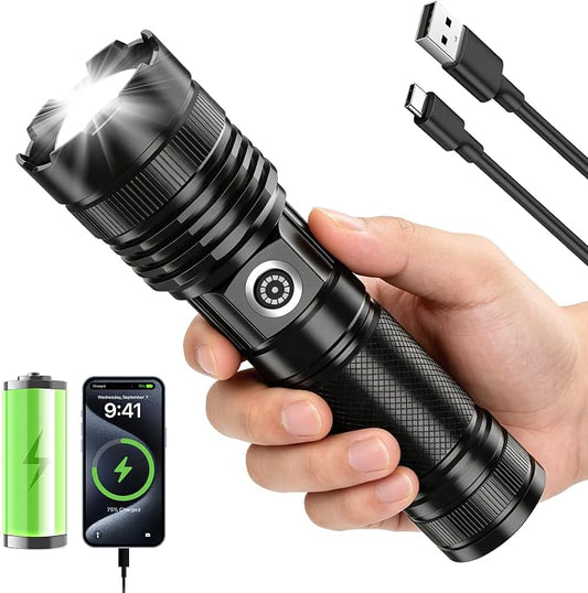 Rechargeable Flashlights High Lumens, Super Bright Tactical Flashlight 3 Modes with Power Display, Waterproof Zoomable LED Flash Light for Home Emergencies Camping Hiking