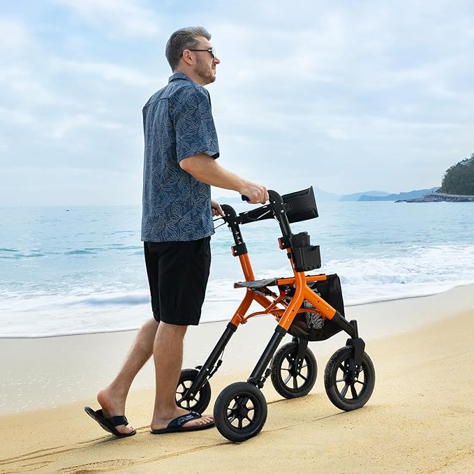 Rollator Walker with Seat, Tall Walkers for Seniors, 12" Big Rubber Wheels All Terrain Rollator Walker with Backrest, Built-in Cable, Foldable and Dual Adjustable Height for 5.3-7ft, Orange
