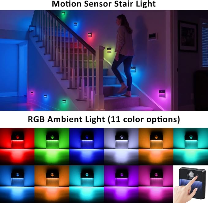 16 Pack Motion Sensor Stair Light for Indoor, Rechargeable Battery Operated Night Lights, RGBW Stick On Closet Lamp, Motion Activated Magnetic Lighting Lamps for Step, Cabinet,Hallway,Bathroom