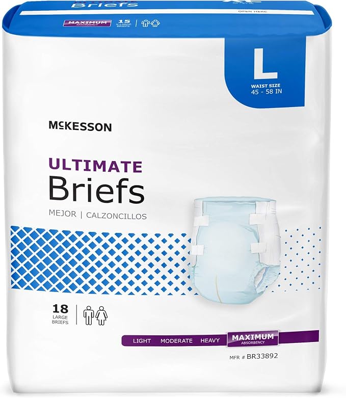 McKesson Ultimate Briefs, [18 Count], Size L, 45-58 in. Incontinence Adult Diapers with Tabs, Maximum Absorbency, Unisex, Disposable, Elastic Leg Gathers and Contoured Fit for Men and Women